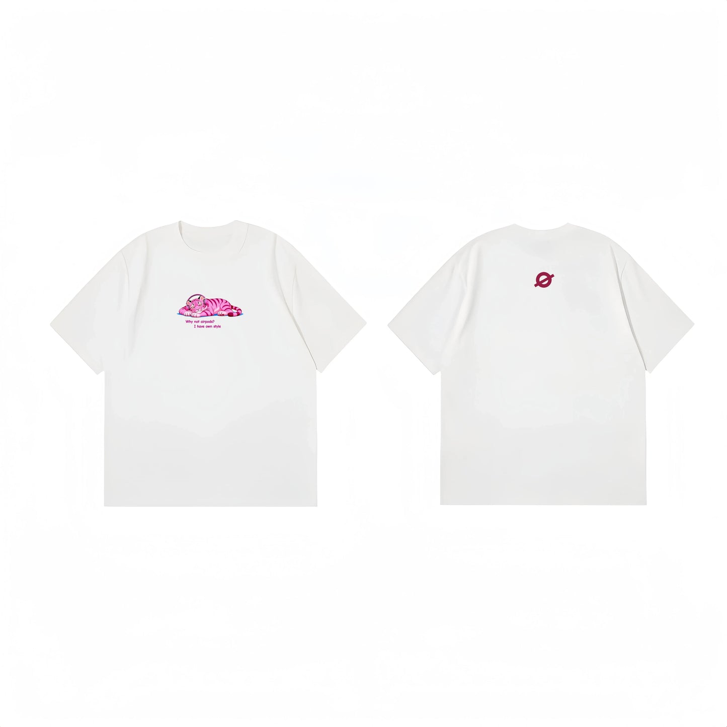 Ogender white graphic tee featuring an original IP Tiger wearing headphones, minimalist artistic streetwear