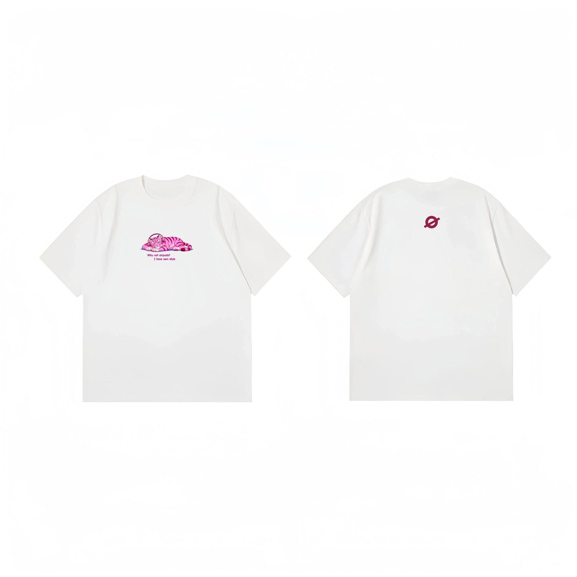 Ogender white graphic tee featuring an original IP Tiger wearing headphones, minimalist artistic streetwear