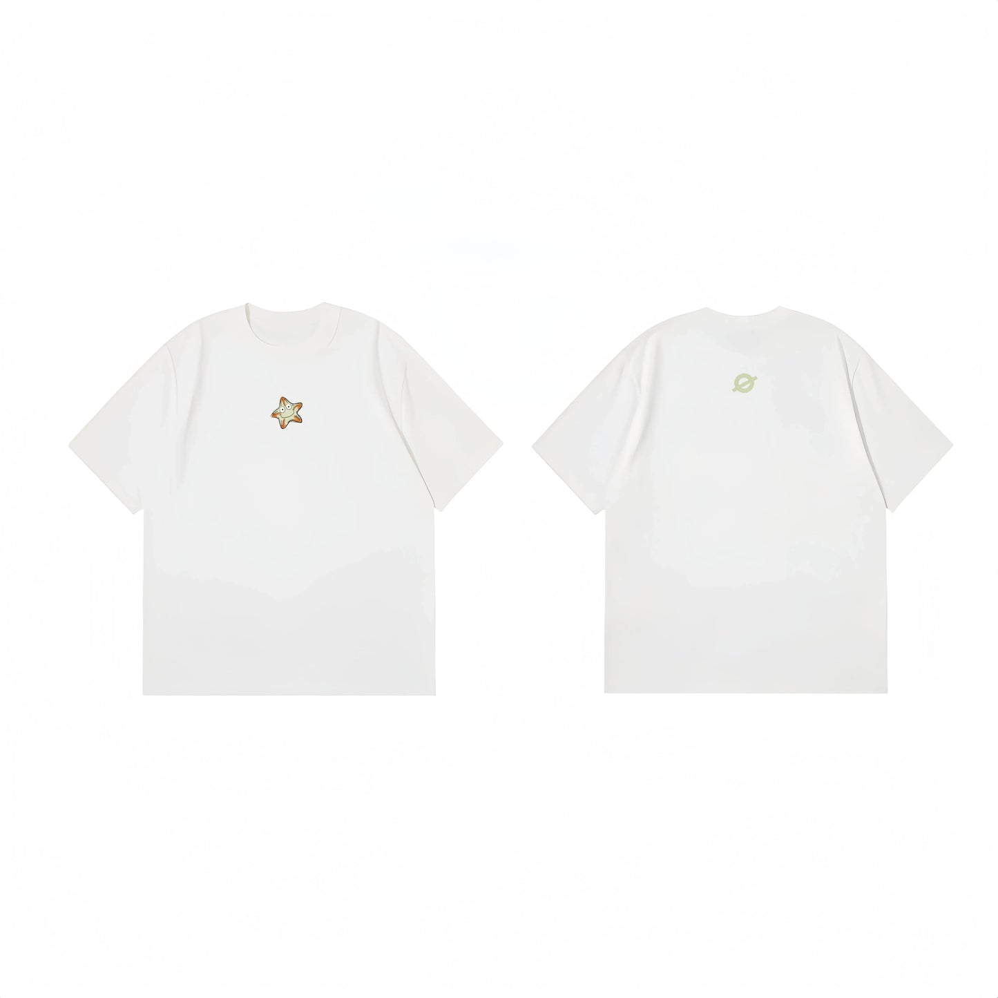 Front and back flat lay of Ogender white 240 GSM tee with an orange starfish icon and a sage green "O" back neck print