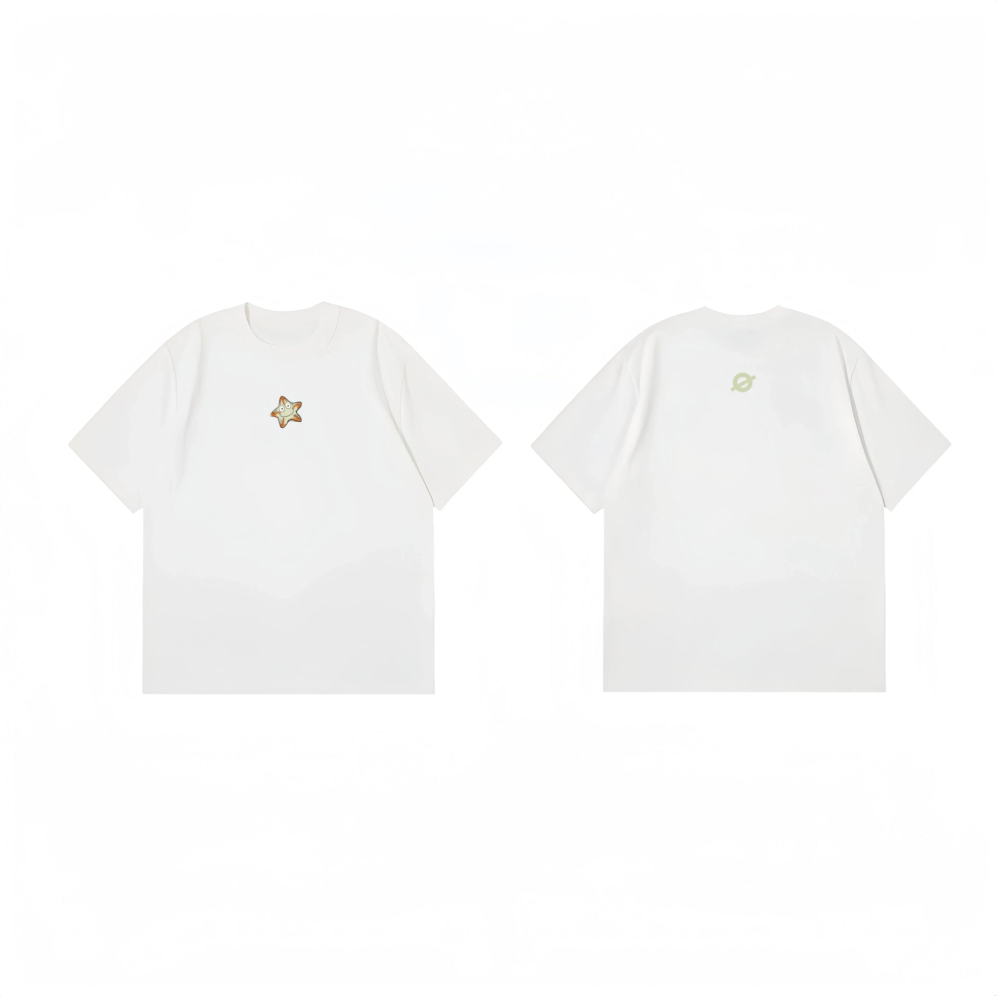 Front and back flat lay of Ogender white 240 GSM tee with an orange starfish icon and a sage green "O" back neck print