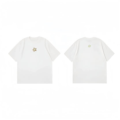 Front and back flat lay of Ogender white 240 GSM tee with an orange starfish icon and a sage green "O" back neck print