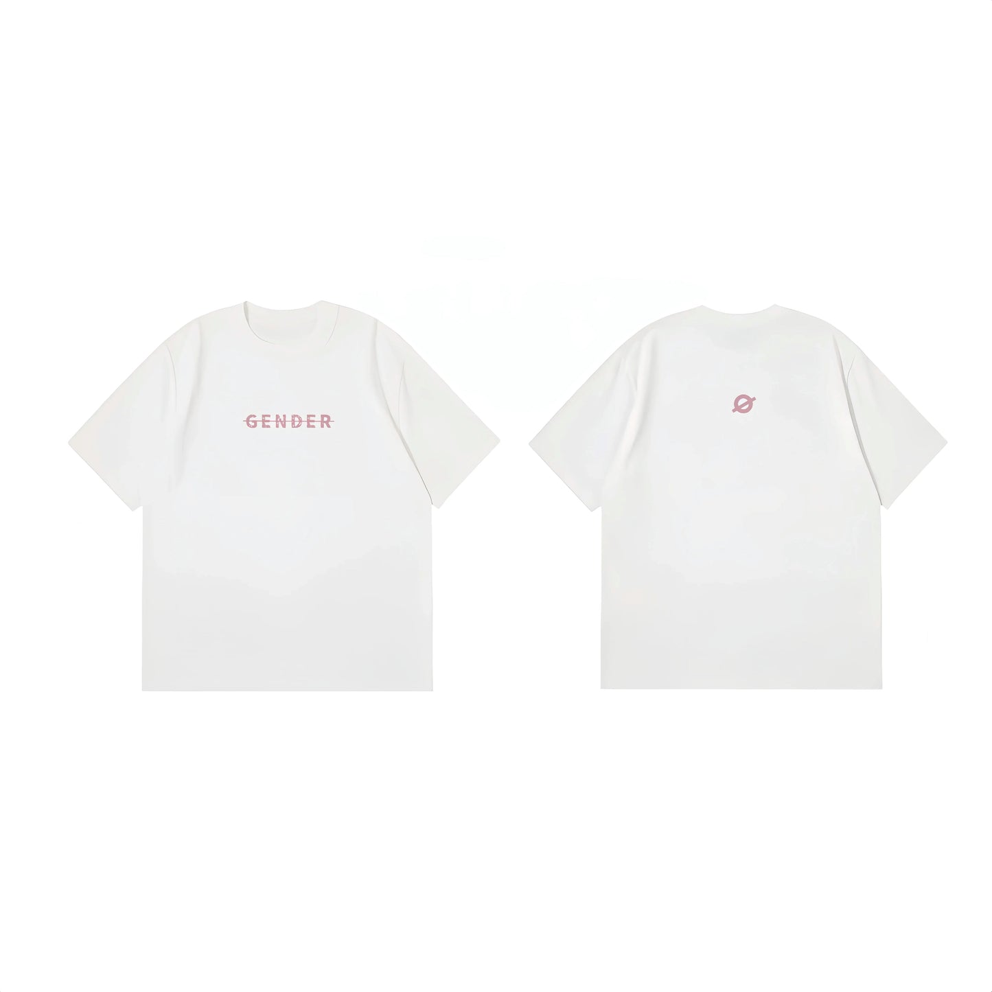 Comprehensive flat lay of Ogender white unisex tee showing both the 'Gender' front print and the iconic 'O' logo on the back.