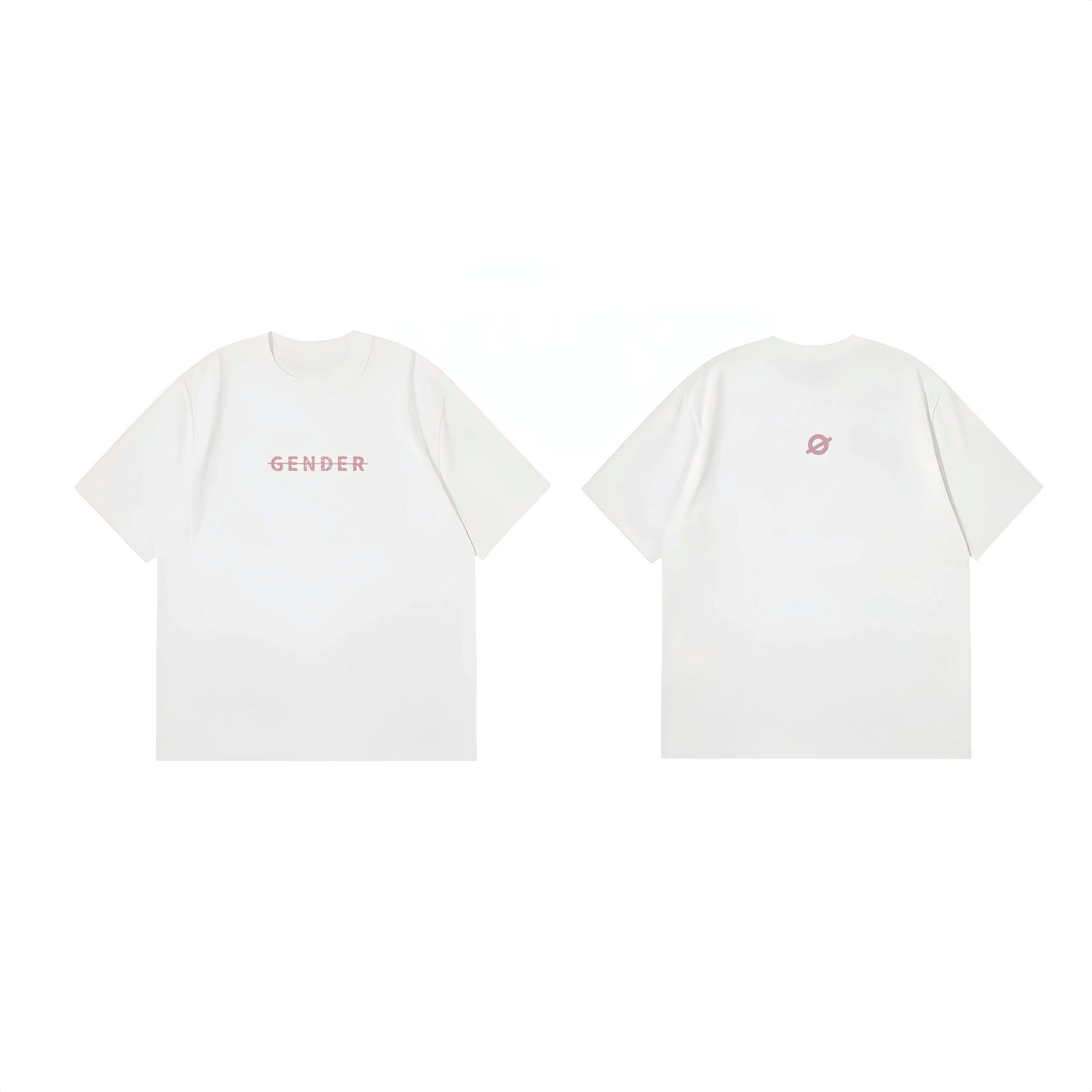 Comprehensive flat lay of Ogender white unisex tee showing both the 'Gender' front print and the iconic 'O' logo on the back.