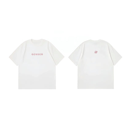Comprehensive flat lay of Ogender white unisex tee showing both the 'Gender' front print and the iconic 'O' logo on the back.