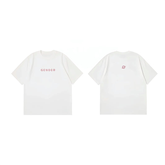 Comprehensive flat lay of Ogender white unisex tee showing both the 'Gender' front print and the iconic 'O' logo on the back.