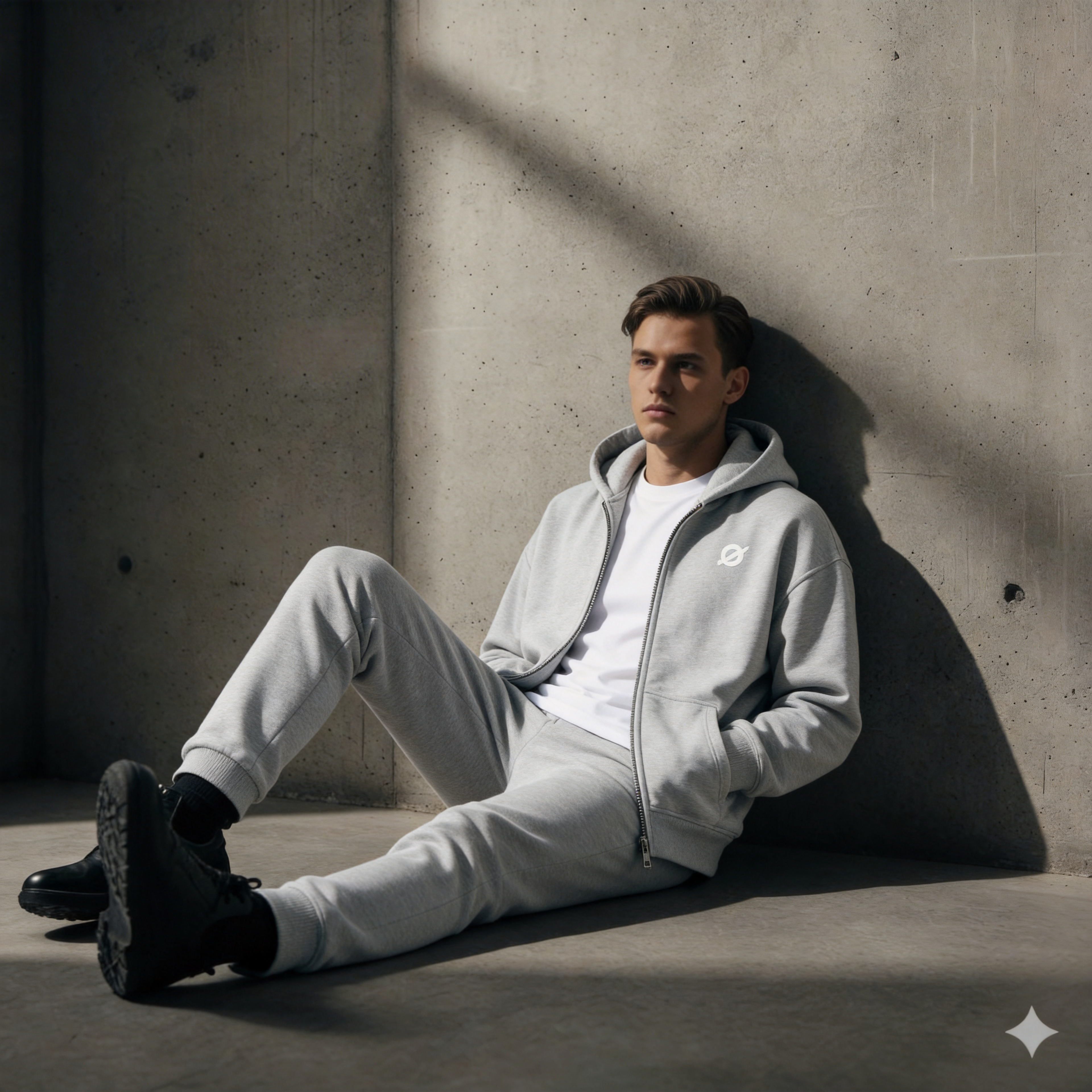 A male model sitting against a concrete wall wearing OGENDER 345g heavy fleece light grey zip-up hoodie and matching sweatpants for a premium lounge look