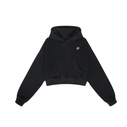 Front flat lay of Ogender black 345 GSM cropped boxy hoodie for women, a stylish and warm streetwear essential