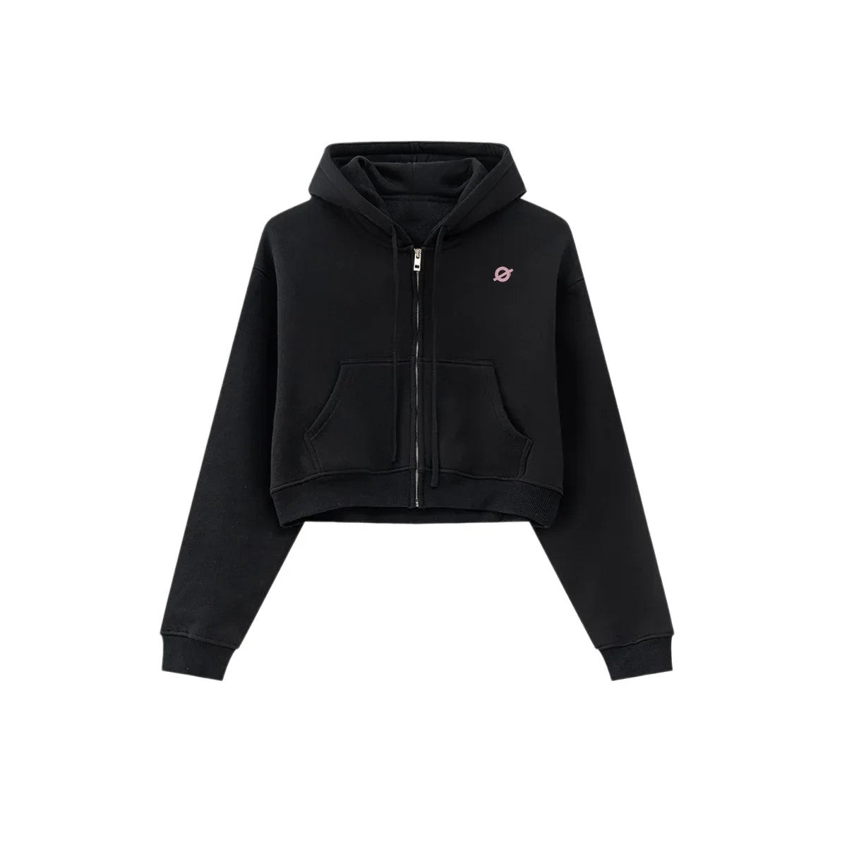Front flat lay of Ogender black 345 GSM women's cropped zip-up fleece jacket for a modern