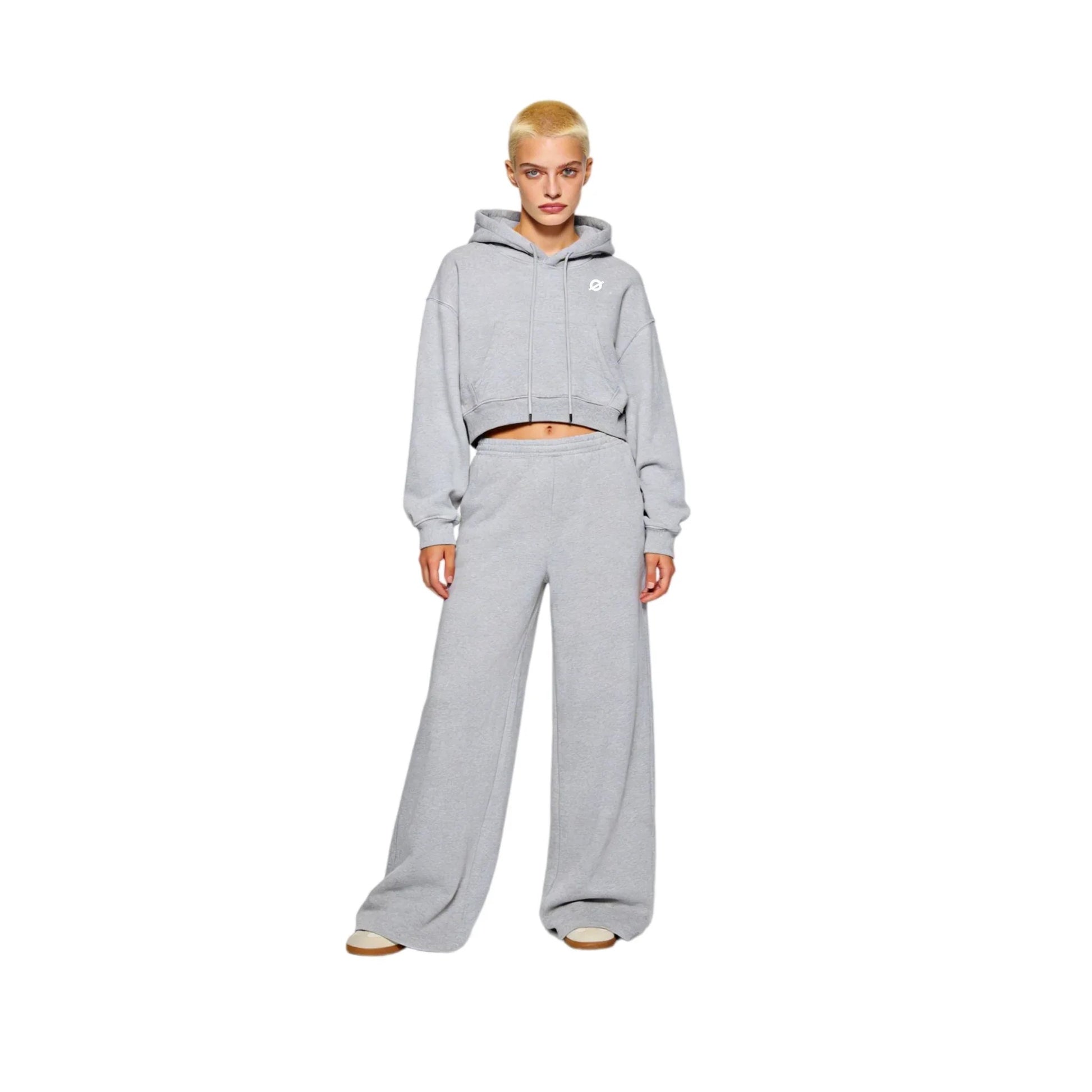 Full-body view of a female model in Ogender light gray cropped boxy hoodie and matching wide-leg