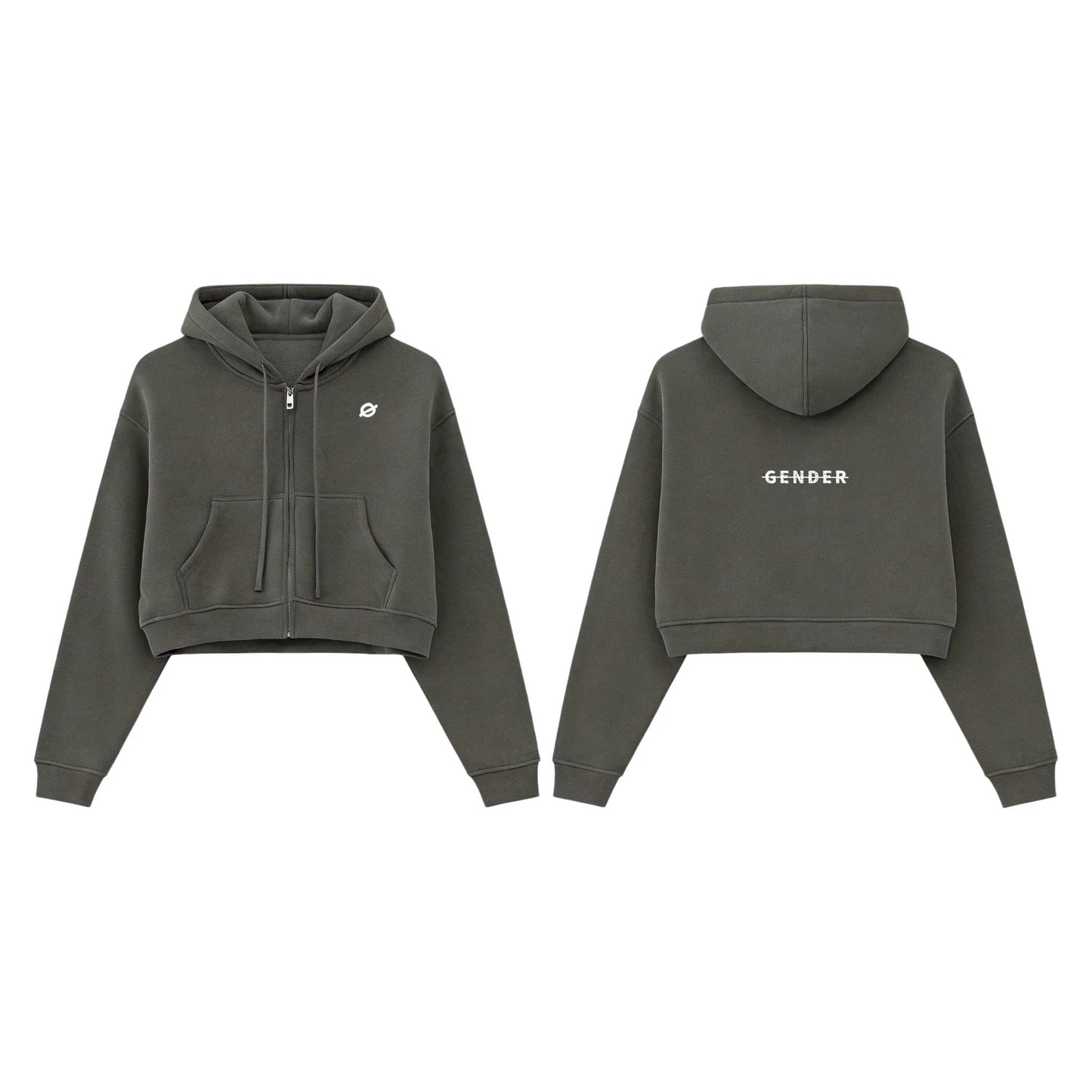 Front and back view of Ogender dark gray 345 GSM women's cropped zip-up hoodie, showing the 'O' chest logo and centered 'Gender' back graphic.