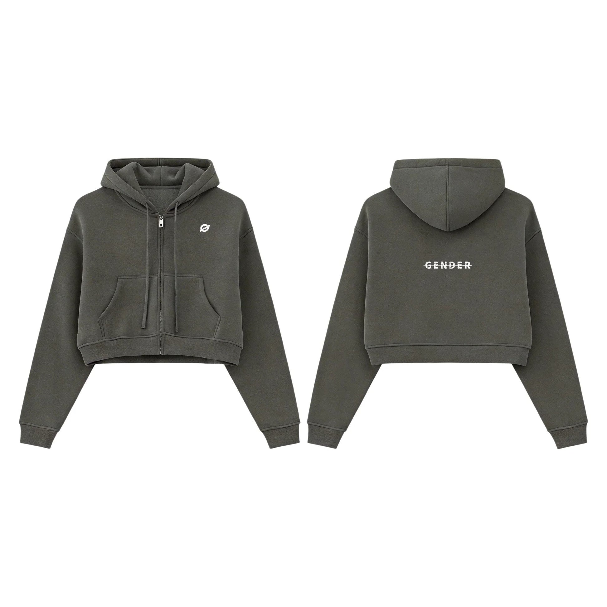 Front and back view of Ogender dark gray 345 GSM women's cropped zip-up hoodie, showing the 'O' chest logo and centered 'Gender' back graphic.