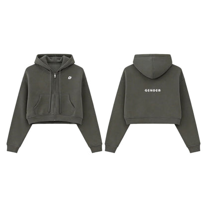 Front and back view of Ogender dark gray 345 GSM women's cropped zip-up hoodie, showing the 'O' chest logo and centered 'Gender' back graphic.