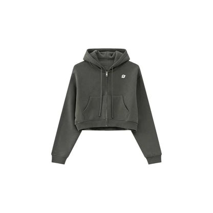 Front flat lay of Ogender dark gray 345 GSM women's cropped zip-up hoodie, featuring a loose-fit boxy silhouette