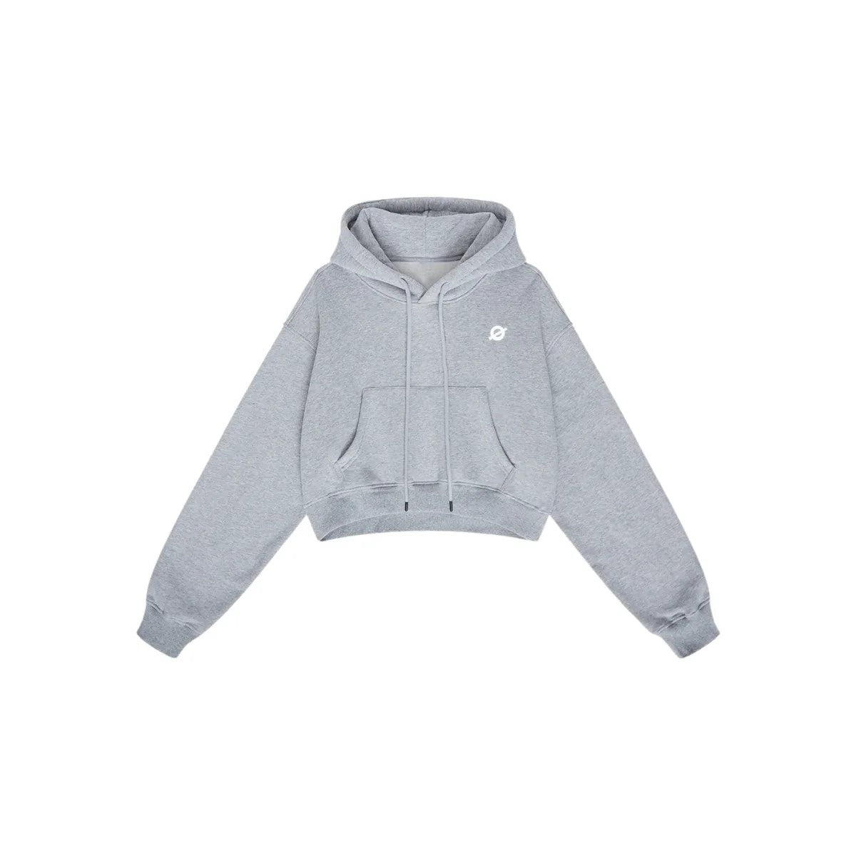 Front flat lay of Ogender light gray 345 GSM cropped boxy hoodie for women, with drawstring hood and chest logo “O”