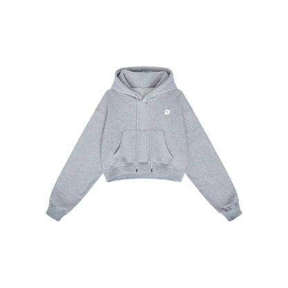 Front flat lay of Ogender light gray 345 GSM cropped boxy hoodie for women, with drawstring hood and chest logo “O”