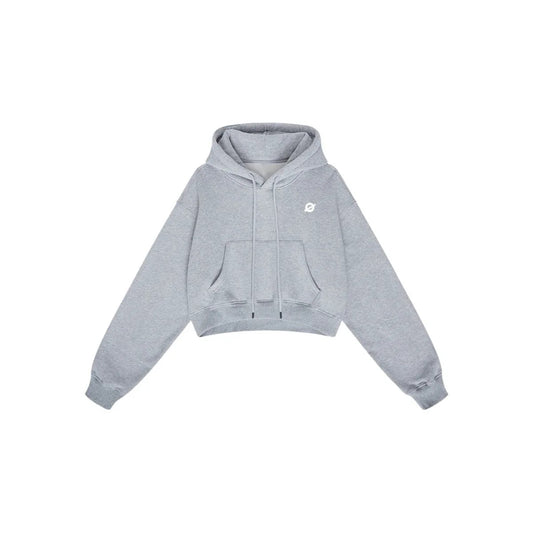 Front flat lay of Ogender light gray 345 GSM cropped boxy hoodie for women, with drawstring hood and chest logo “O”
