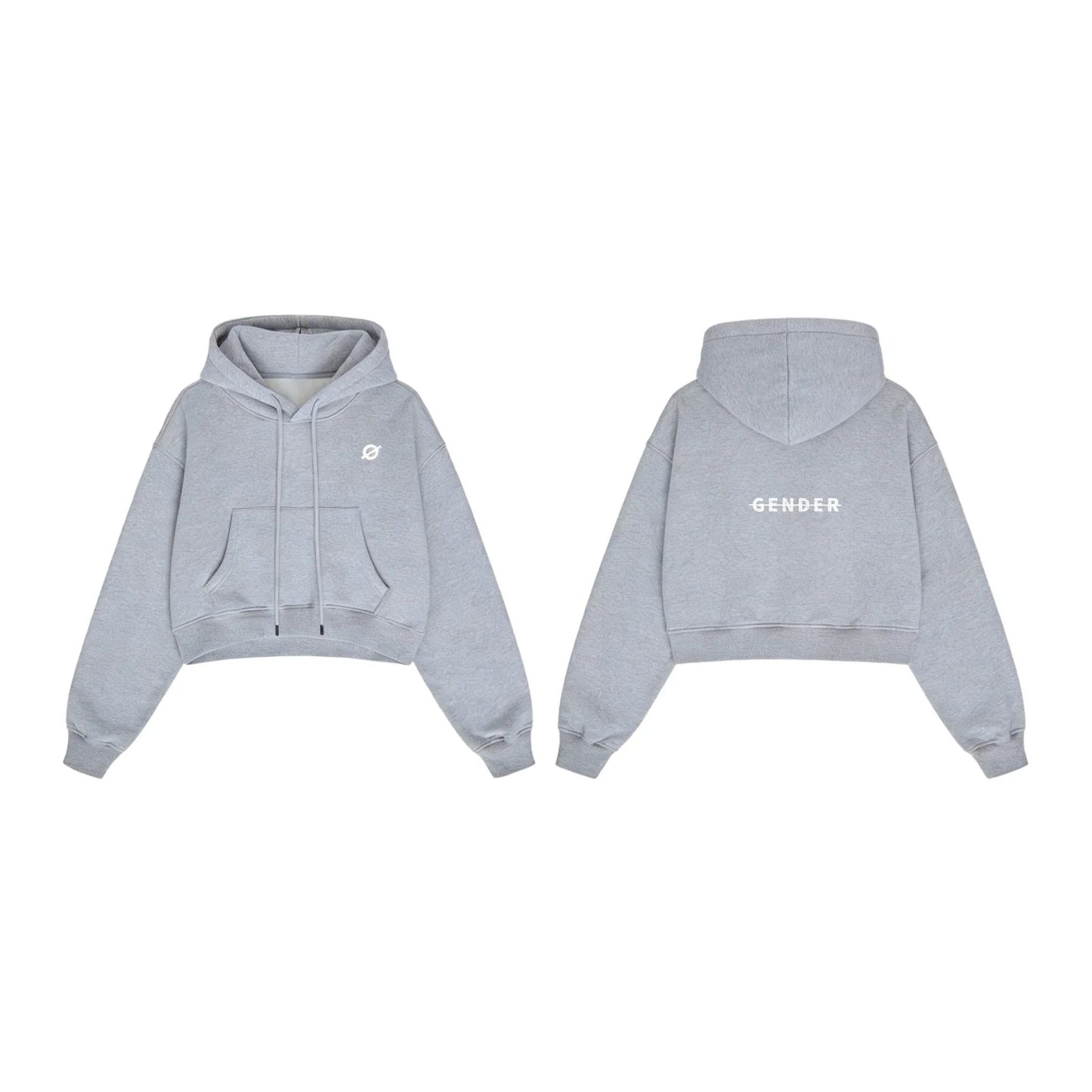Front and back view of Ogender light gray cropped boxy hoodie, showcasing the centered 'Gender' back graphic.
