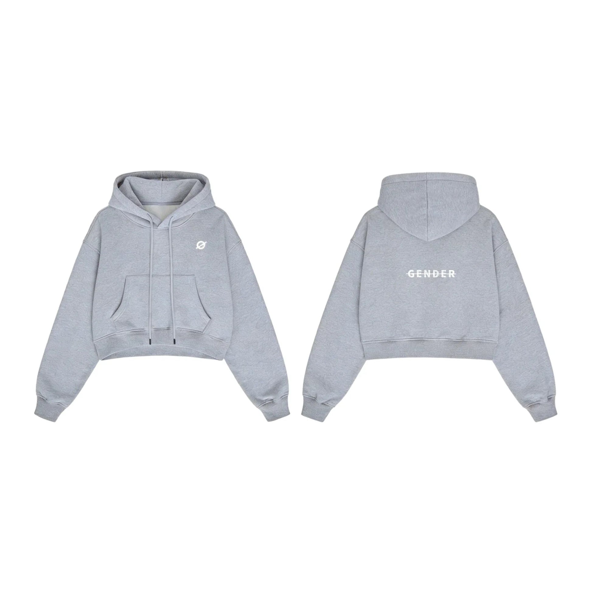 Front and back view of Ogender light gray cropped boxy hoodie, showcasing the centered 'Gender' back graphic.