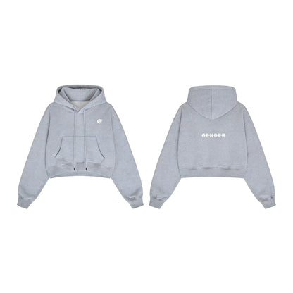 Front and back view of Ogender light gray cropped boxy hoodie, showcasing the centered 'Gender' back graphic.
