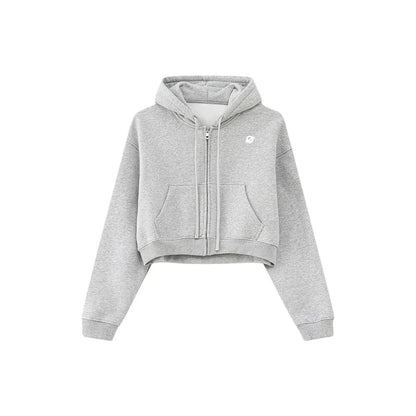 Front flat lay of Ogender light gray women's cropped boxy zip-up hoodie with premium fleece and drawstring hood