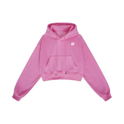 Front flat lay of Ogender pink cropped boxy hoodie for women, featuring a loose-fit silhouette and premium fleece