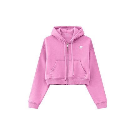 Front flat lay of Ogender rose pink women's cropped zip-up hoodie, highlighting the stylish high-waist cut.