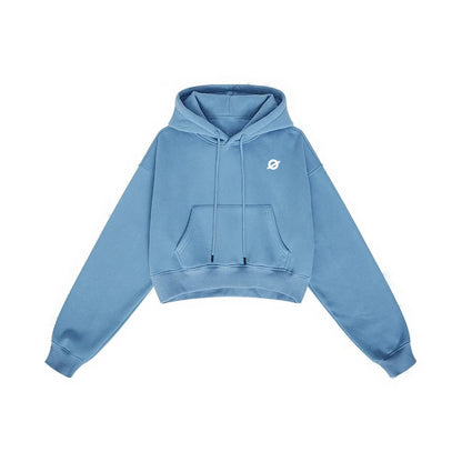 Front flat lay of Ogender wash blue cropped boxy hoodie for women, designed with a trendy high-waist length