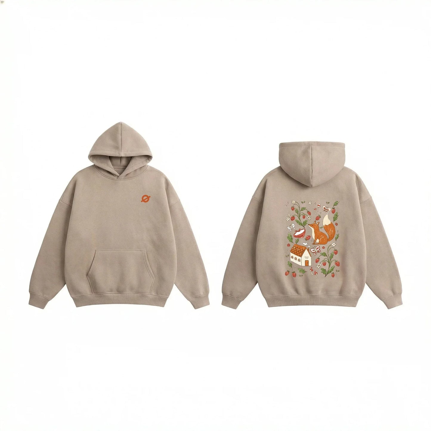 Front and back view of the Ogender beige 350 GSM Garden Series hoodie. The back features an artistic 'Garden Fox' graphic with strawberries and a small house, while the front shows a minimalist chest logo