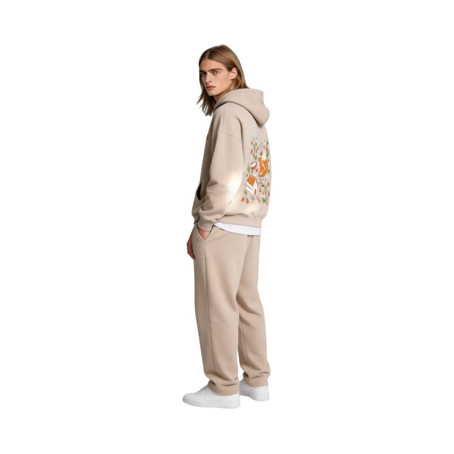 Full-body side profile of a long-haired male model wearing the Ogender beige 350 GSM Garden Series hoodie. Showcases the detailed 'Garden Fox' artistic graphic on the back and the signature oversized urban silhouette.