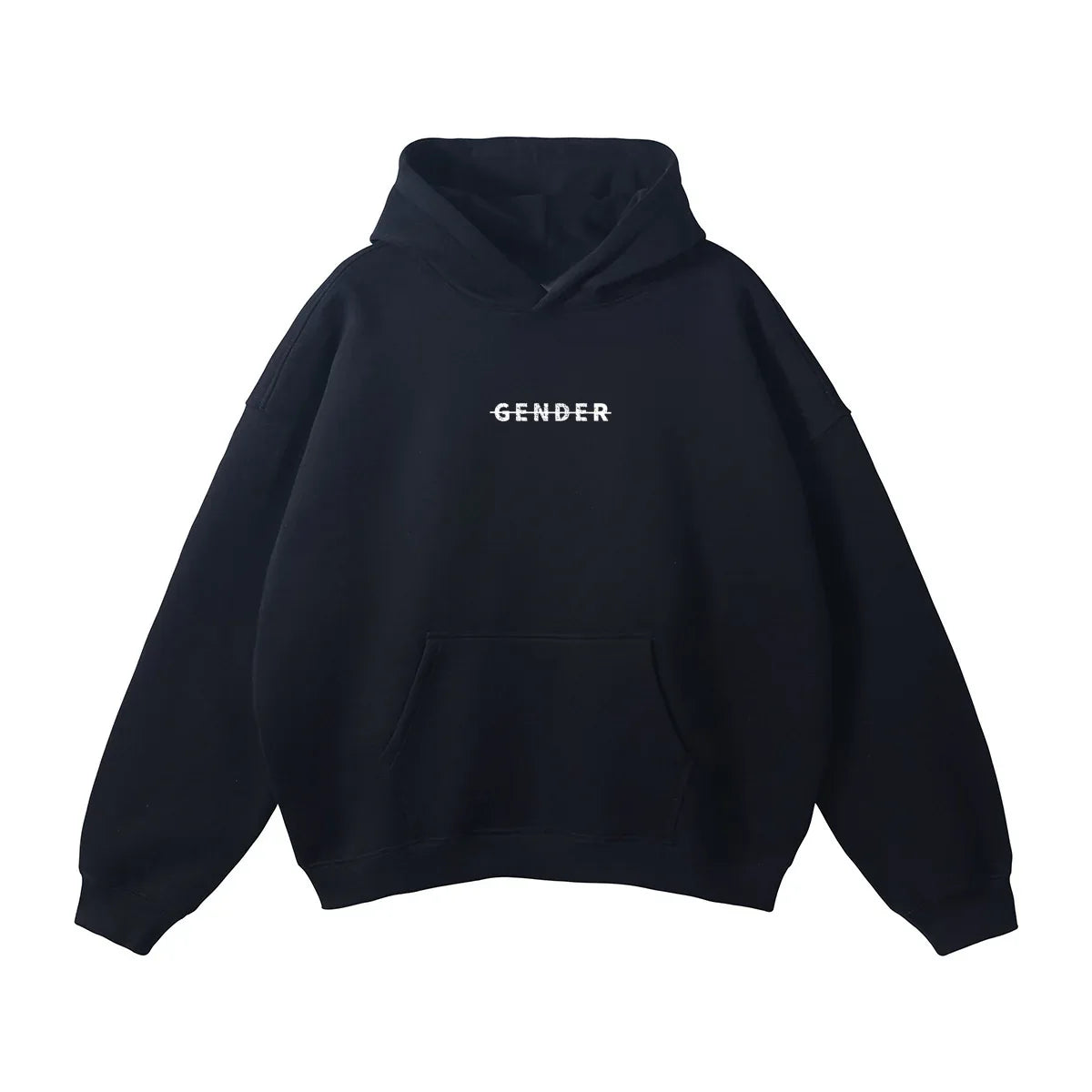 Front flat lay of Ogender black heavyweight fleece hoodie with a minimalist strike-through Gender logo and kangaroo pocket