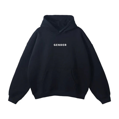 Front flat lay of Ogender black heavyweight fleece hoodie with a minimalist strike-through Gender logo and kangaroo pocket
