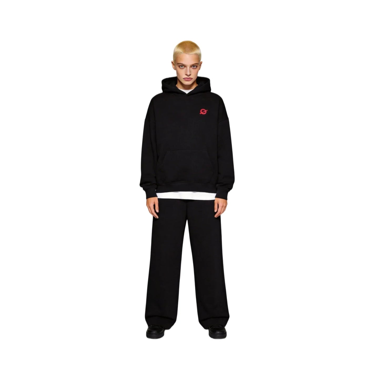 Full-body front view of a buzz-cut female model wearing the Ogender black 350 GSM Garden Series hoodie. Showcases the signature 'O' logo on the left chest and the relaxed oversized streetwear fit
