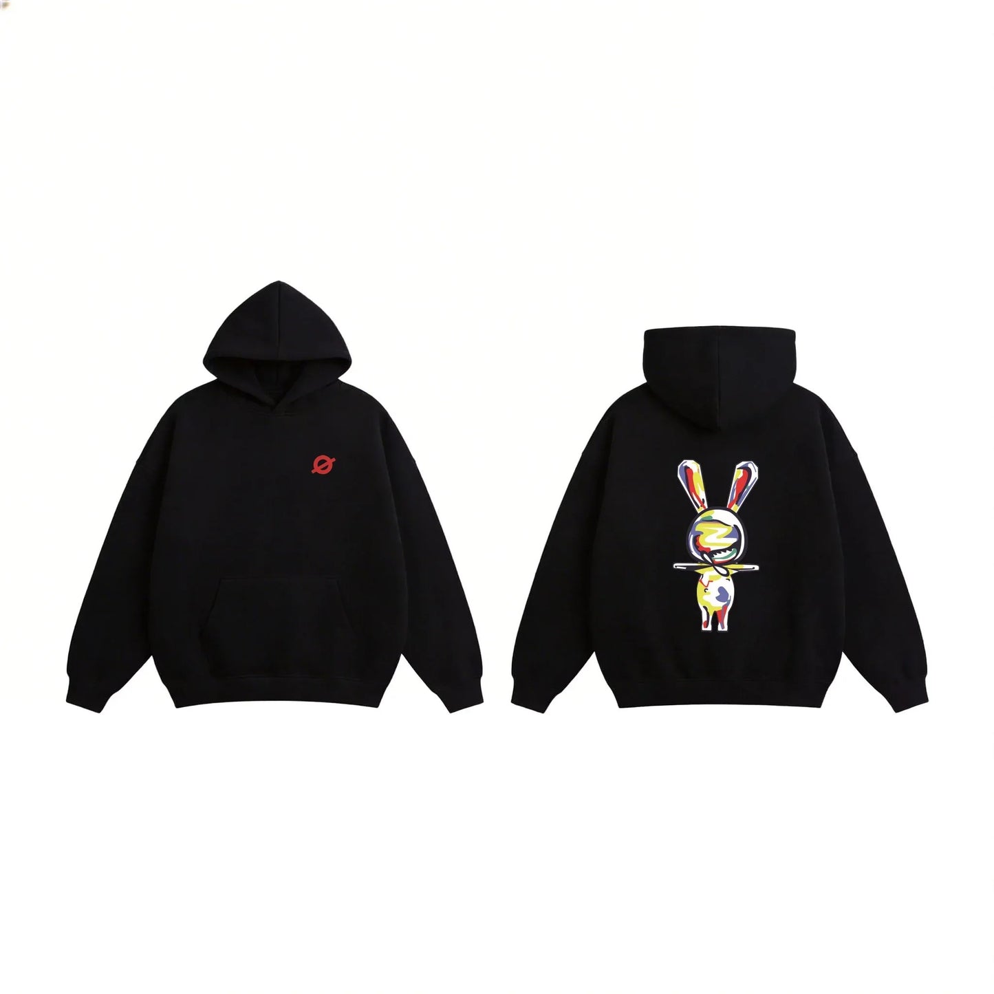 Front and back view of the Ogender black 350 GSM Garden Series hoodie. The back features a standing rabbit silhouette composed of vibrant, multi-colored artistic blocks, with a minimalist chest logo on the front