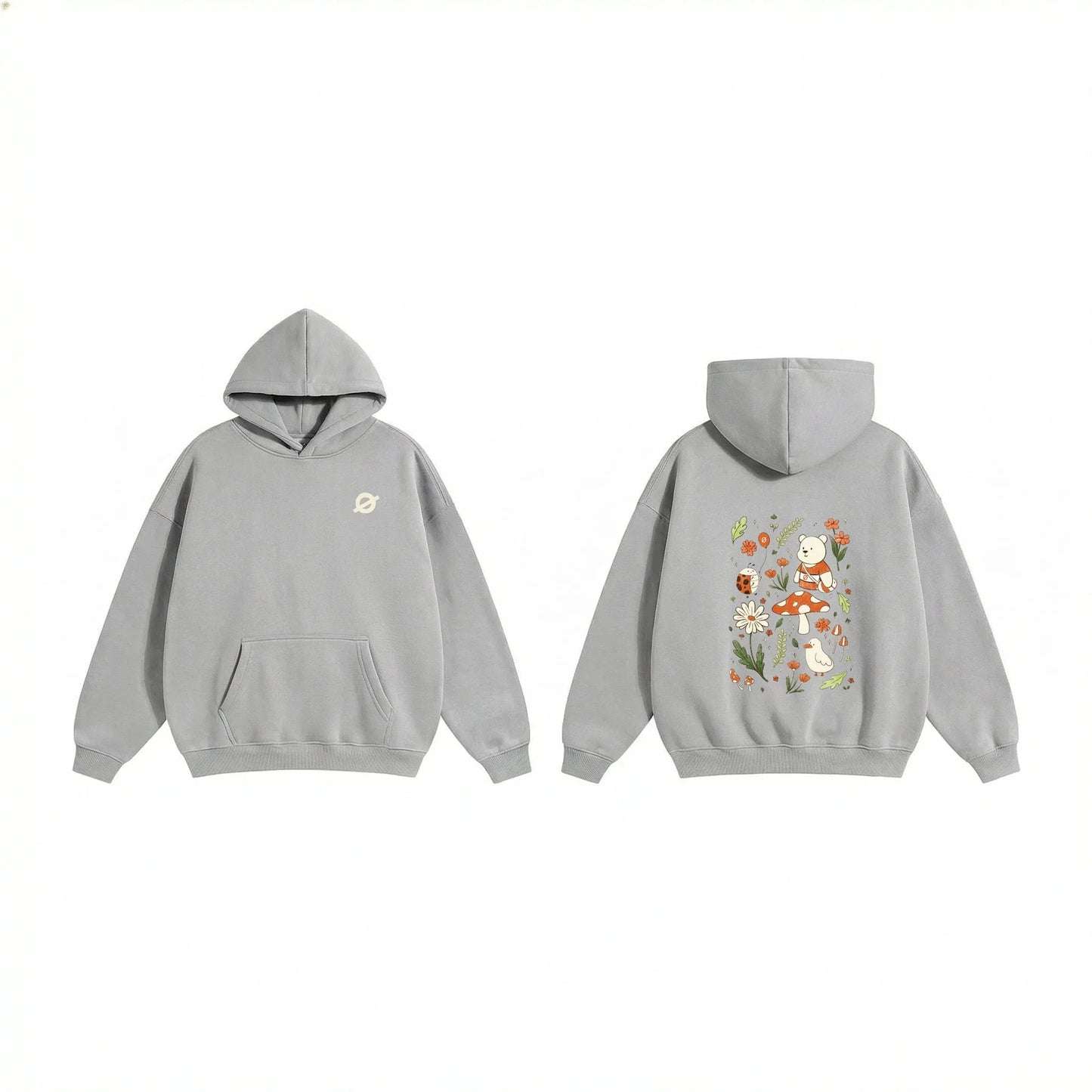 Front and back view of the Ogender cement grey 350 GSM Garden Series hoodie. The back showcases a 'Garden Bear' graphic with a floral wreath, and the front displays the signature Ogender chest logo“O