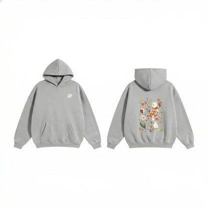 Front and back view of the Ogender cement grey 350 GSM Garden Series hoodie. The back showcases a 'Garden Bear' graphic with a floral wreath, and the front displays the signature Ogender chest logo“O