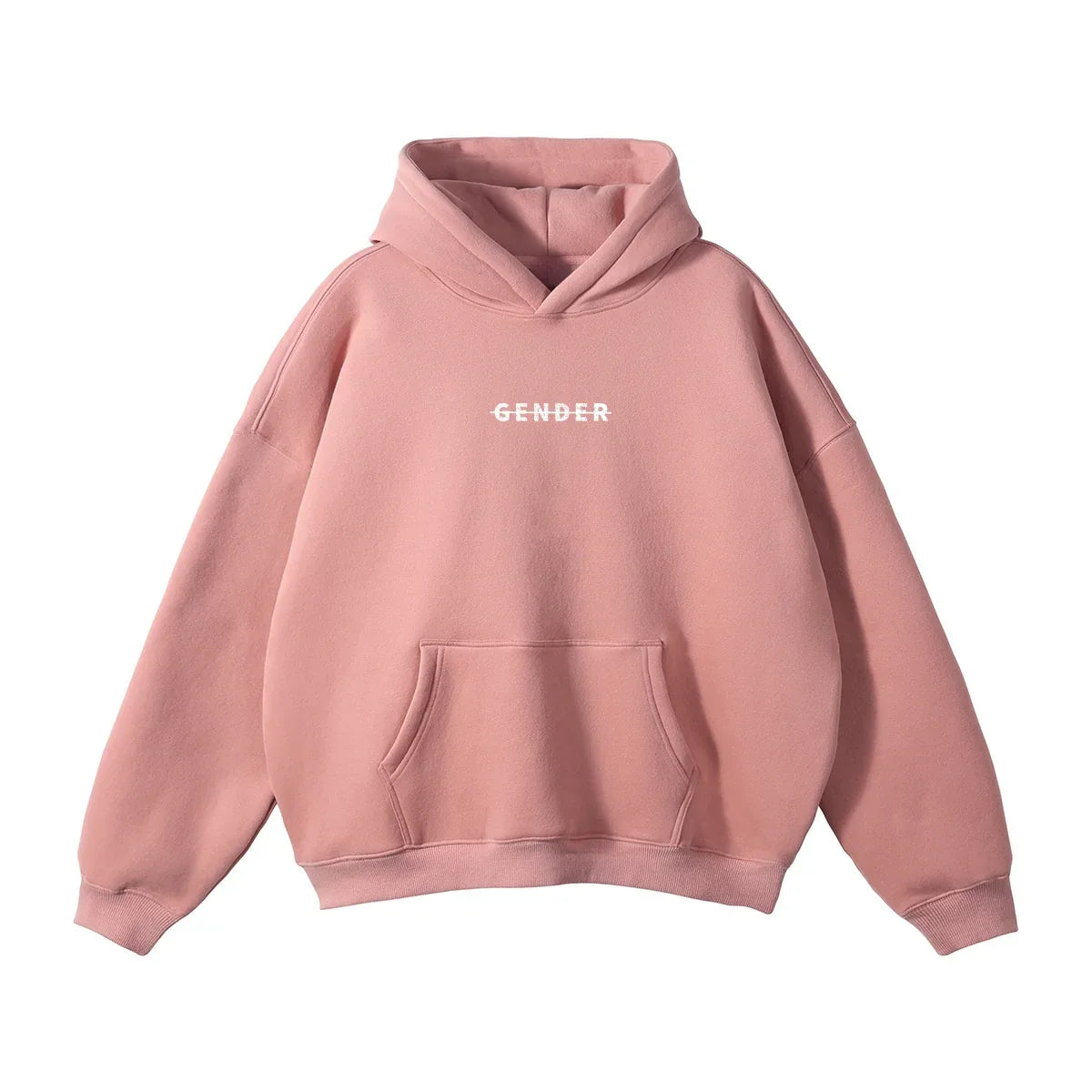 Front flat lay of Ogender dusty pink 350 GSM fleece-lined hoodie featuring the strike-through Gender chest print