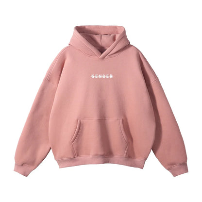 Front flat lay of Ogender dusty pink 350 GSM fleece-lined hoodie featuring the strike-through Gender chest print
