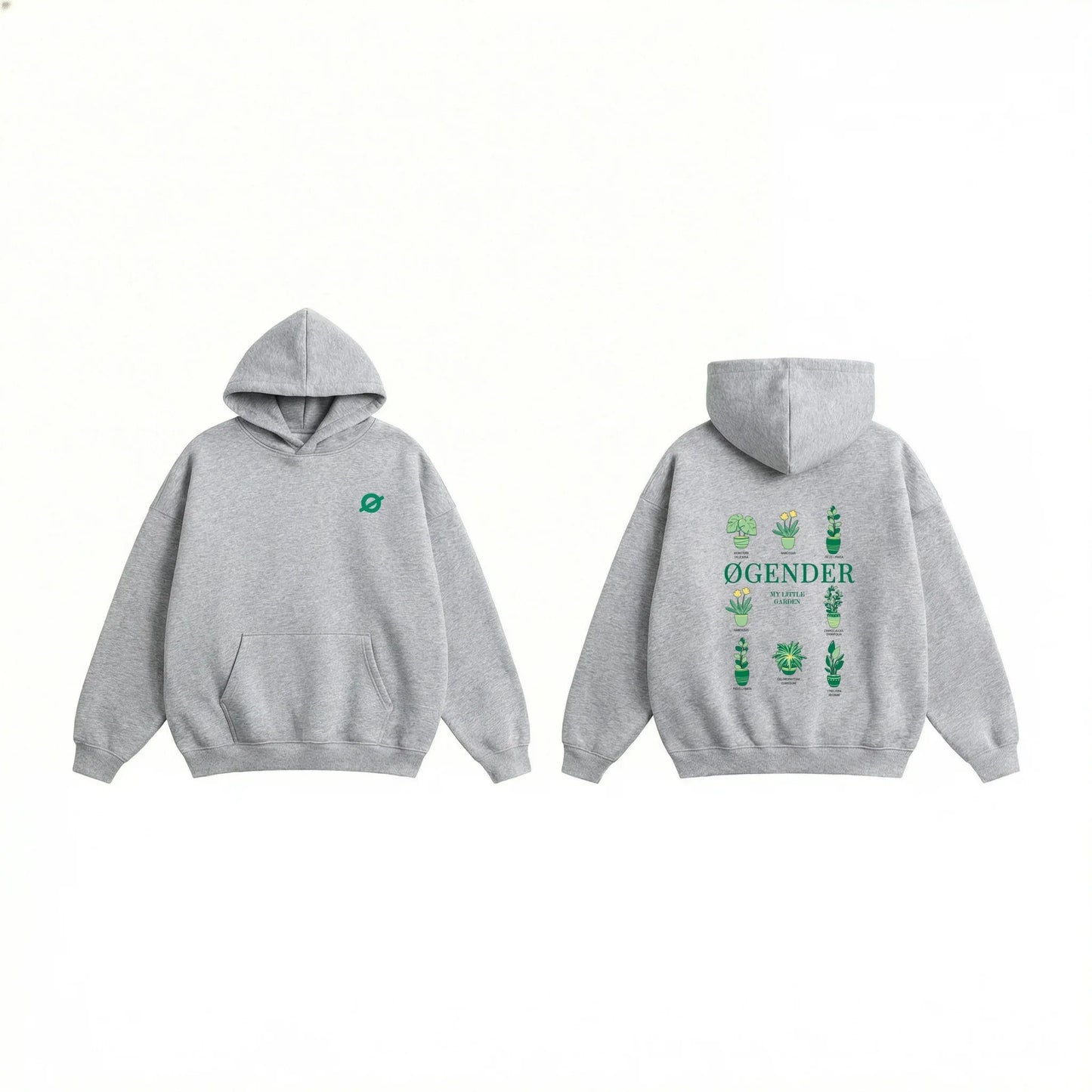 Front and back view of the Ogender heather grey 350 GSM Garden Series hoodie. The back features a vibrant 'Garden Floral' illustration with sunflowers and tulips, and the front displays the signature Ogender chest logo“O”