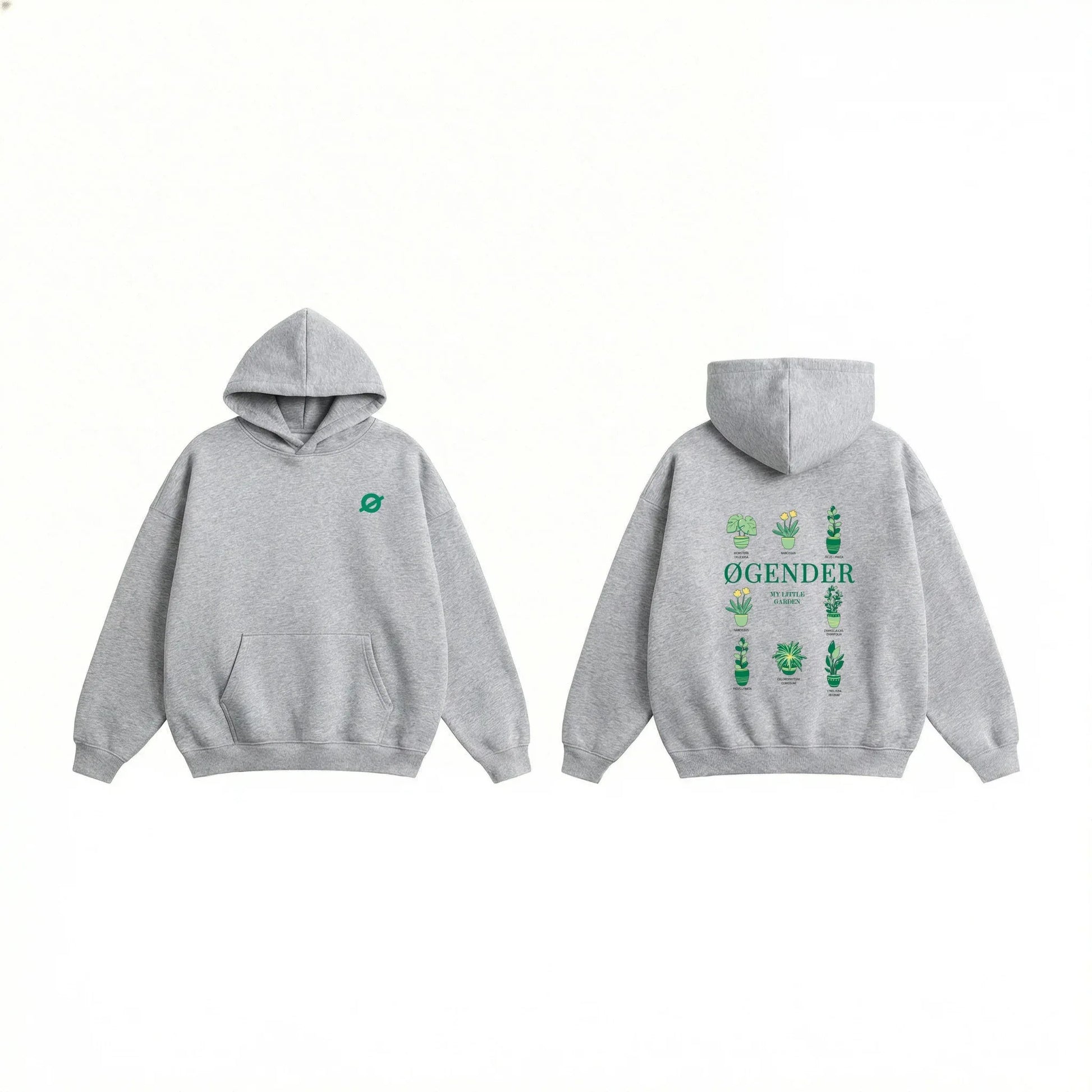 Front and back view of the Ogender heather grey 350 GSM Garden Series hoodie. The back features a vibrant 'Garden Floral' illustration with sunflowers and tulips, and the front displays the signature Ogender chest logo“O”