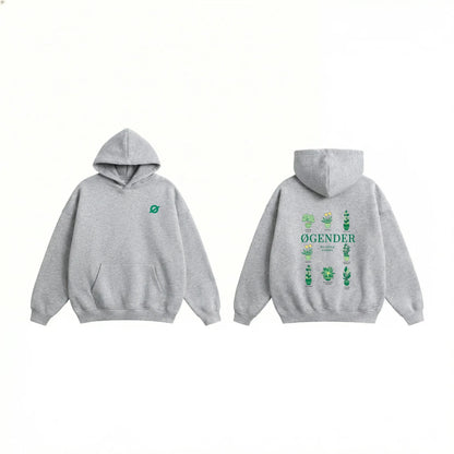 Front and back view of the Ogender heather grey 350 GSM Garden Series hoodie. The back features a vibrant 'Garden Floral' illustration with sunflowers and tulips, and the front displays the signature Ogender chest logo“O”