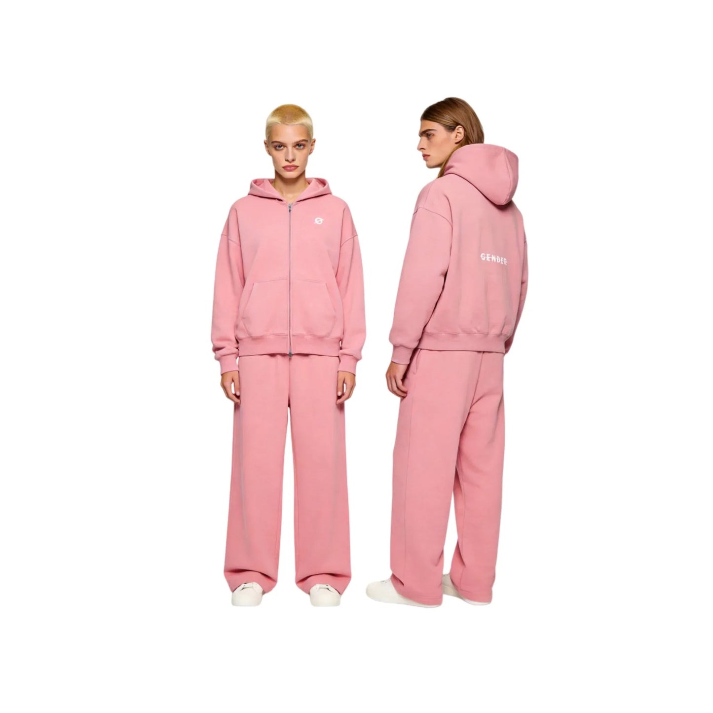 Male and female models in Ogender pink zip-up hoodies. Female model in front view and male model in side profile showing the back graphic