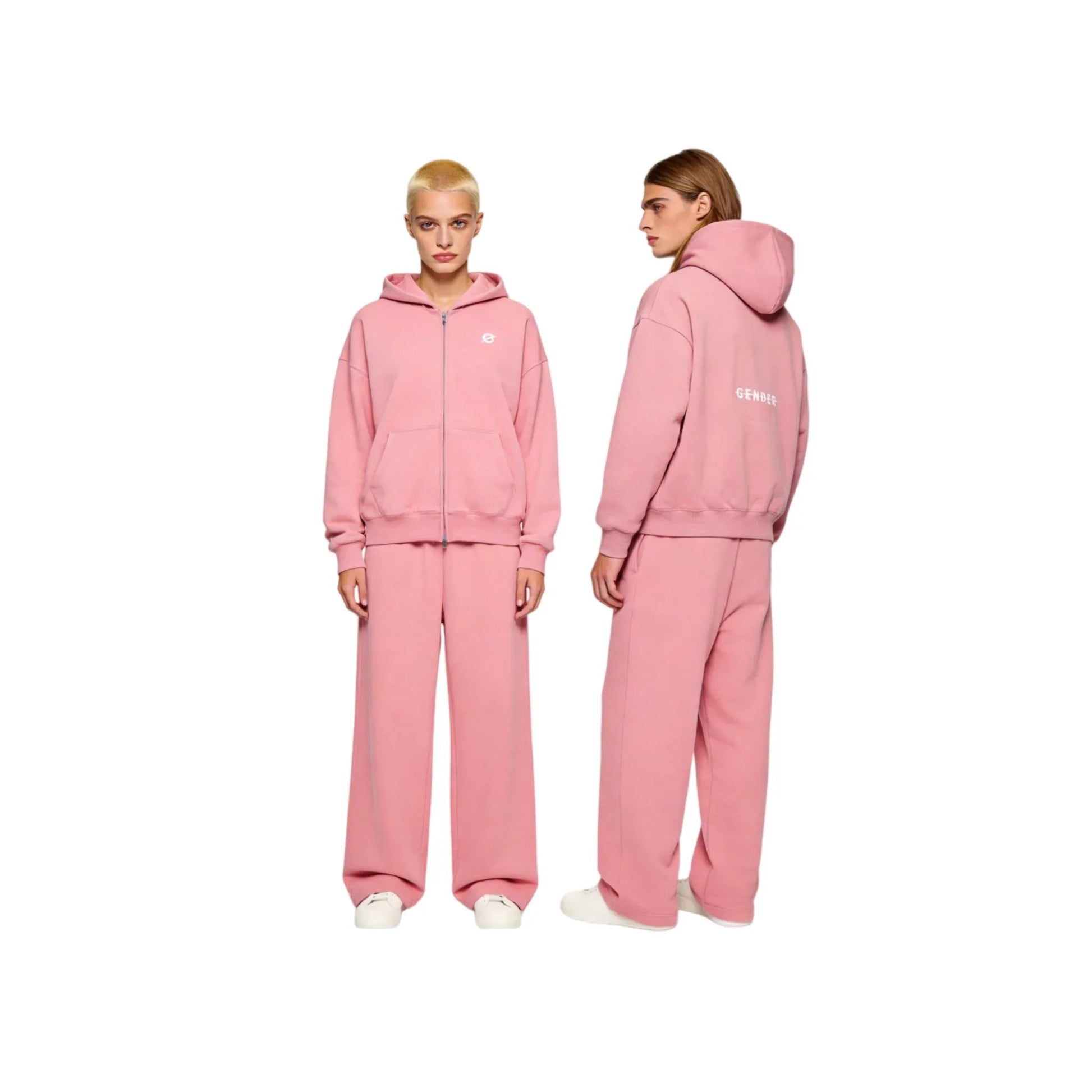 Male and female models in Ogender pink zip-up hoodies. Female model in front view and male model in side profile showing the back graphic