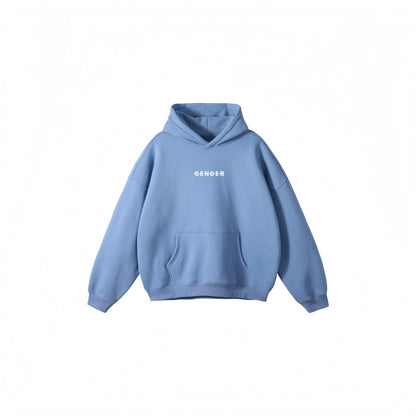 Front flat lay of Ogender wash blue fleece-lined hoodie, featuring dropped shoulders and the signature branded chest graphic