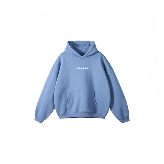 Front flat lay of Ogender wash blue fleece-lined hoodie, featuring dropped shoulders and the signature branded chest graphic