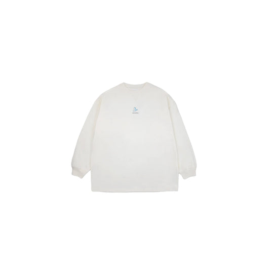 Front view flat lay of the off-white heavyweight long-sleeve tee with dolphin graphic.