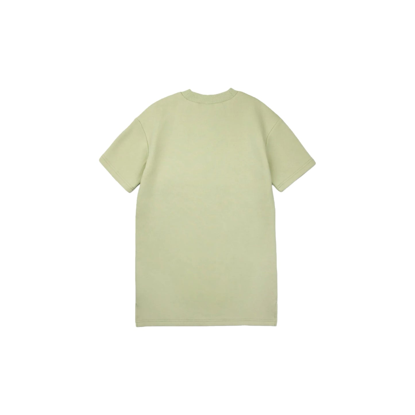 Full back view of the minimalist avocado green sweatshirt dress.