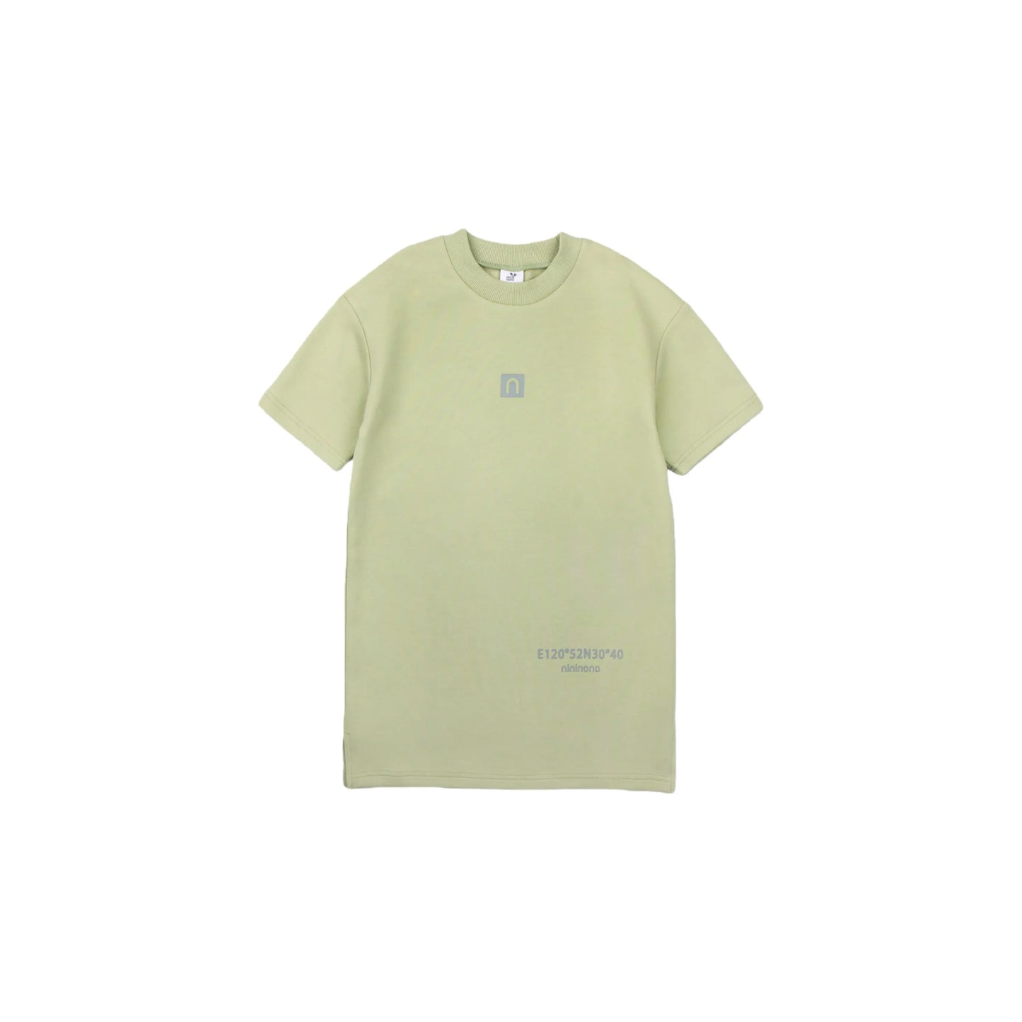 Front view of the avocado green sweatshirt dress with 3D silicone logo.