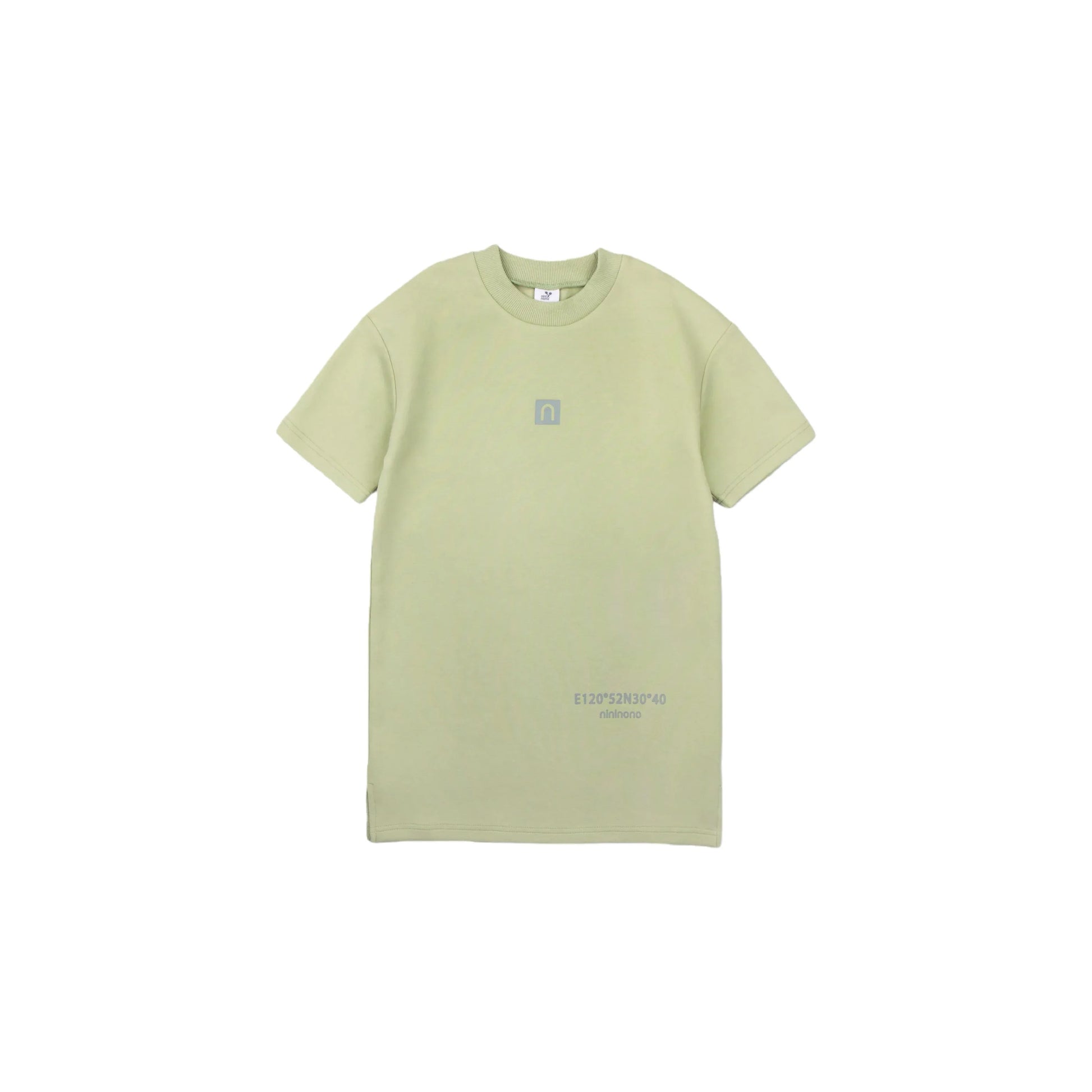 Front view of the avocado green sweatshirt dress with 3D silicone logo.