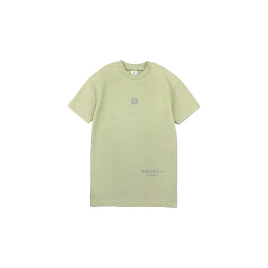 Front view of the avocado green sweatshirt dress with 3D silicone logo.
