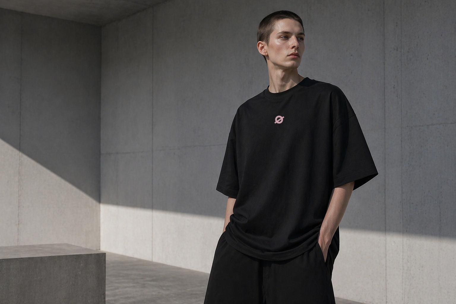 A male model with a buzz cut wearing an Ogender black oversized heavyweight t-shirt with a small pink symbolic logo, standing against a minimalist concrete wall with sharp geometric shadows.